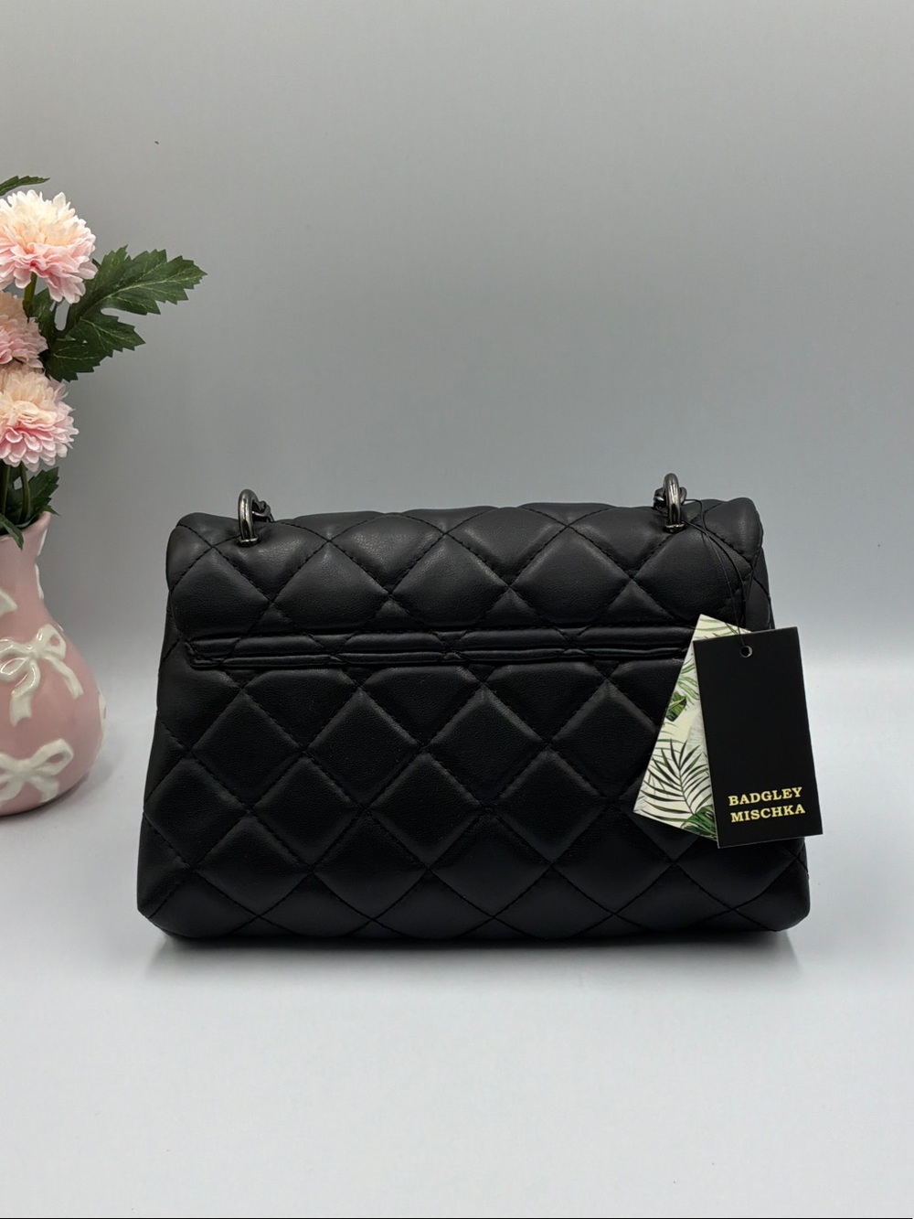 Badgley Mischka Quilted Black Shoulder Bag with Chain Strap - Picture 3 of 10